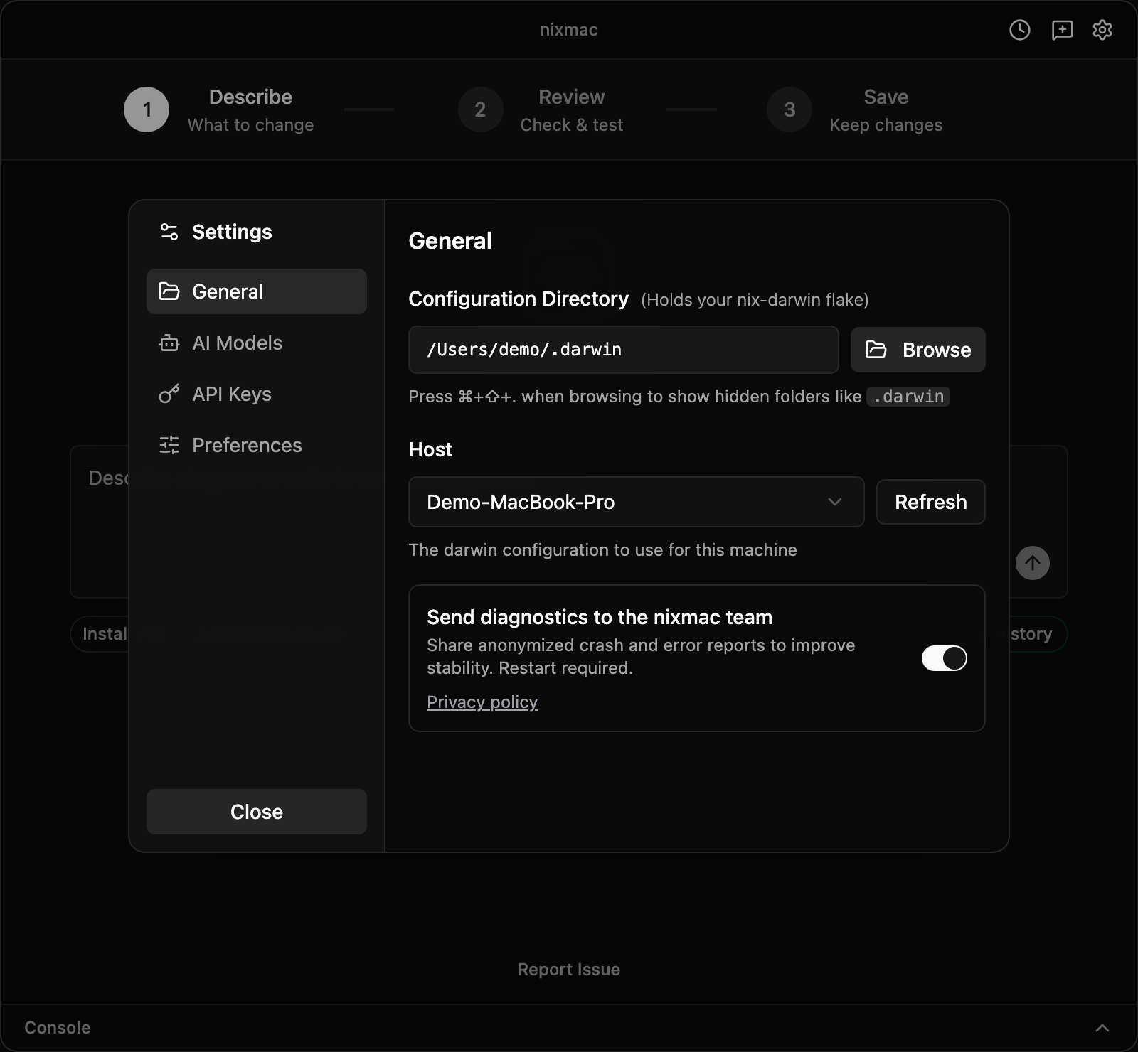 nixmac settings showing the configuration directory and selected host